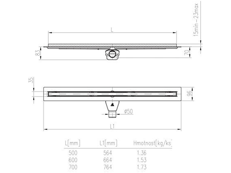 Podlahový lineární žlab Chuděj Slim line PZB 50